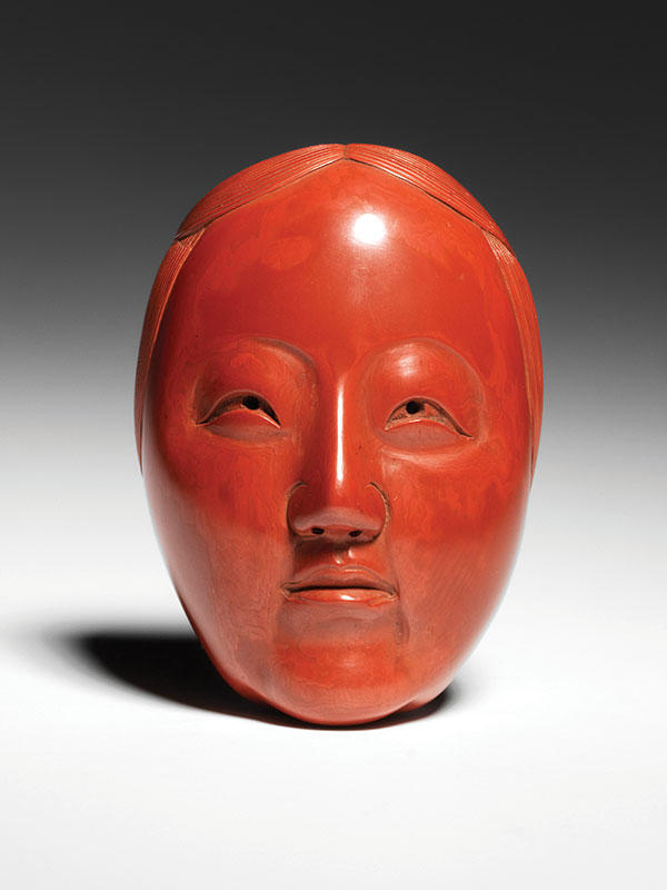A red lacquer zoonna Noh mask netsuke