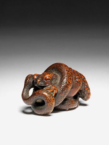 Masanao netsuke of a snake and toad